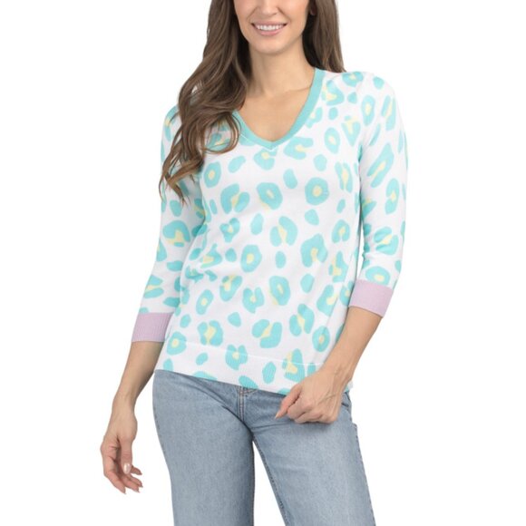 EDINBURGH KNITS Lagoon Pima Cotton Leopard Print V-neck Sweater - Picture 1 of 2